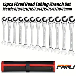 PMMJ 12Pcs 8-19mm Metric Fixed-Head Ratcheting Wrench Set, 72-Tooth CR-V Steel Open-End Wrenches. Designed for brake, fuel and AC line repairs. Comes with storage bag, ideal for professionals, DIYers and great gift for men.