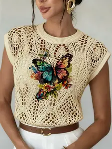 Spring Summer Elegant Women's Butterfly Pattern Colorblock Print Round Neck Sweater, Casual Loose-Fitting Knitwear, Breathable Fall Winter Fabric Knit Top