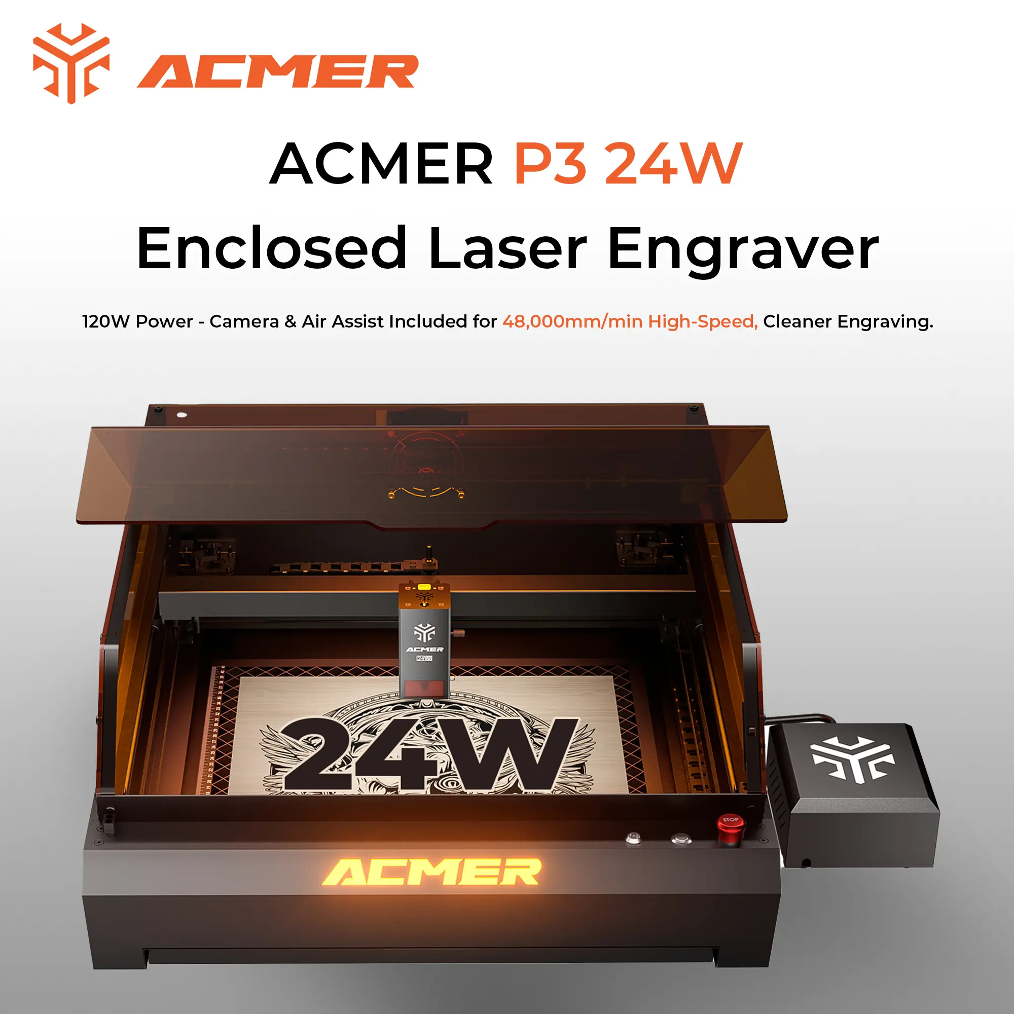 ACMER P3 24W Diode Enclosed Laser Engraver,Integrated housing, built-in camera module and air assist, 48000mm/s speed, suitable for laser engraving of wood/acrylic/leather/anodized aluminum.