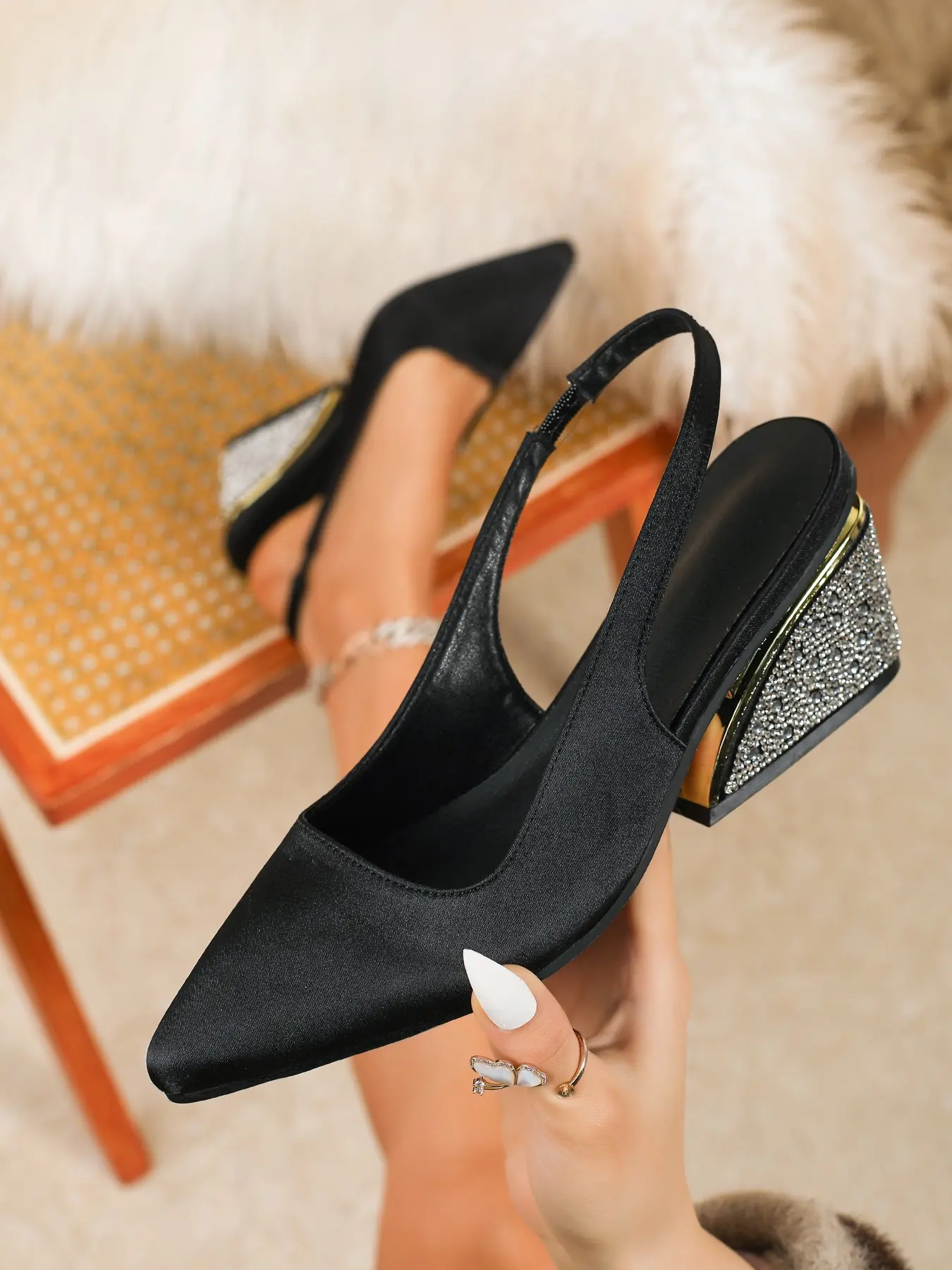 Rose Satin Rhinestone Wedge Heel Open Back Shoes, Pointed Toe Slimming High Heels, Party Date Fashion Women's Shoes, Elegant Fashionable Sandals, Glitter Decorated Sandals, Elegant Heeled Sandals