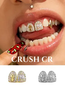CRUSH CR Genderless Iced Out Cross Double Tooth Cap Grillz, 18K Gold Plated with Cross Solitaire Accent, Hypoallergenic Removable, Perfect for Streetwear Fits, Skate Park Hangouts, Music Festivals Gender-Neutral Fashion Styling