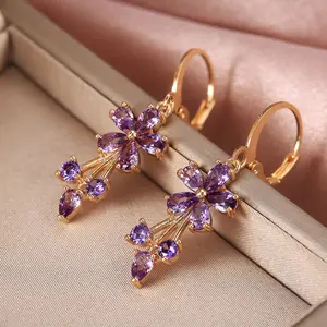Fashionable OL Women's Floral Earrings DDES0758 Copper Inlaid with Zircon Electroplated Ear Jewelry 14K Gold-Plated