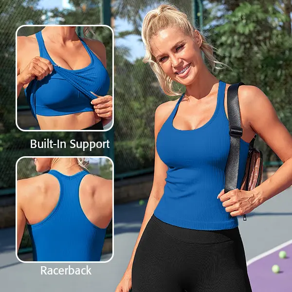 ATTRACO Women Ribbed Workout Crop Tops with Built in Bra Yoga Racerback Tank Top Tight Fit Seamless Ribflex Workout Tank Tops