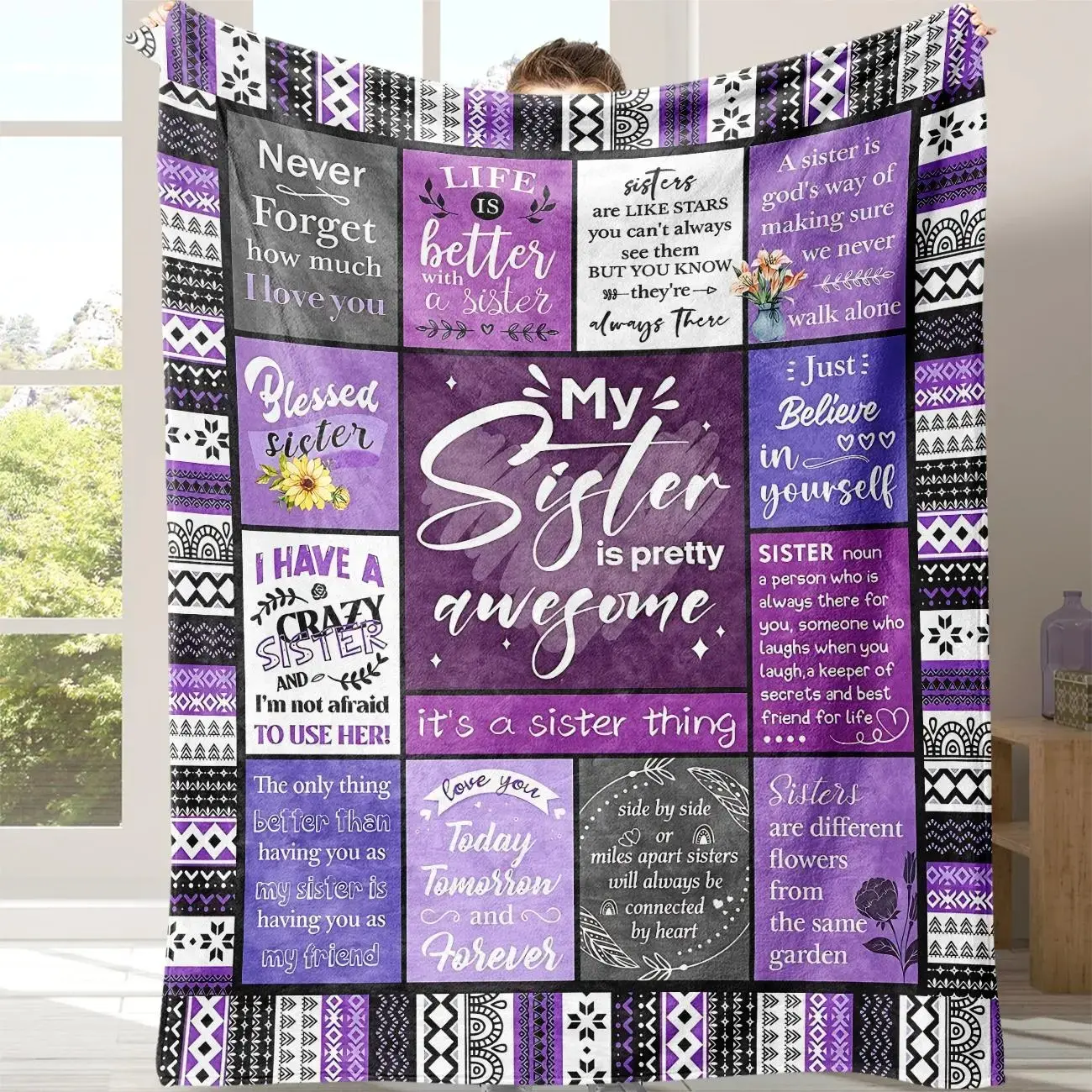 Letter Pattern Blanket Soft Flannel Throw Blanket, Personalized Style Plush Fleece Blanket with Storage Bag, Cozy Gift for Sisters Family Friends