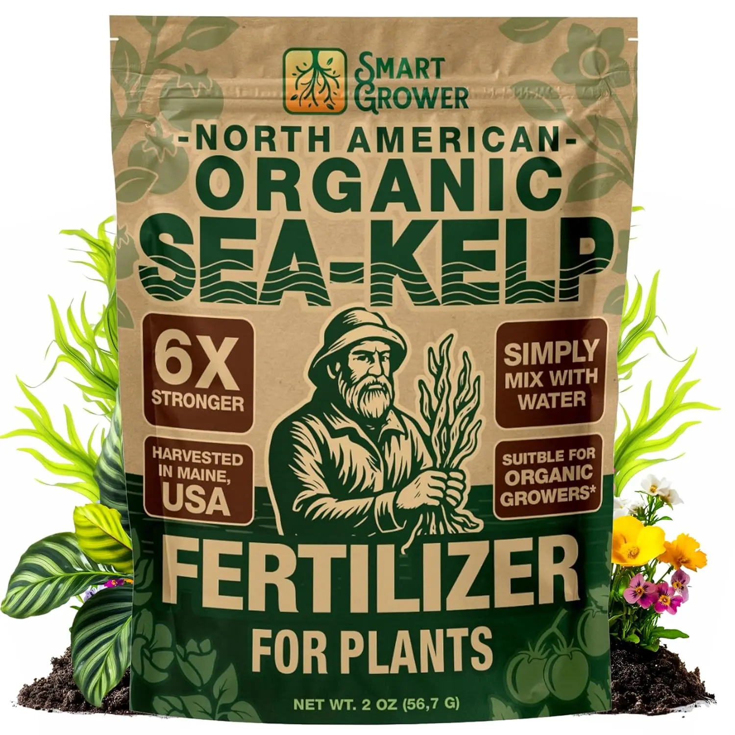 Organic Sea Kelp Fertilizer - 2oz Water-Soluble Powder Concentrate - Makes 50 Gal - Potassium-Rich Plant Food for Indoor Gardens, Container Gardens, Vegetables