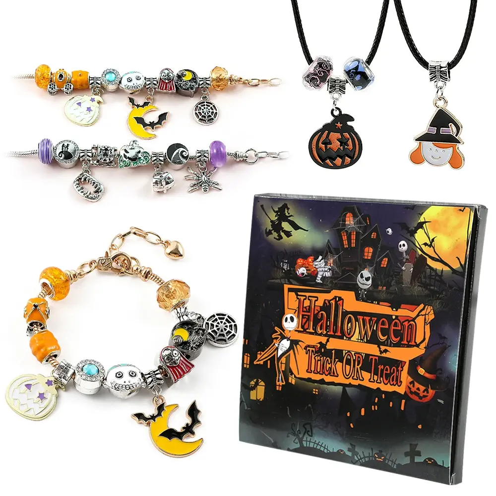 Halloween Bracelet Necklace Gift Box, Big Hole Beads & Charms Jewelry Set, 24 Days Advent Countdown Blind Box