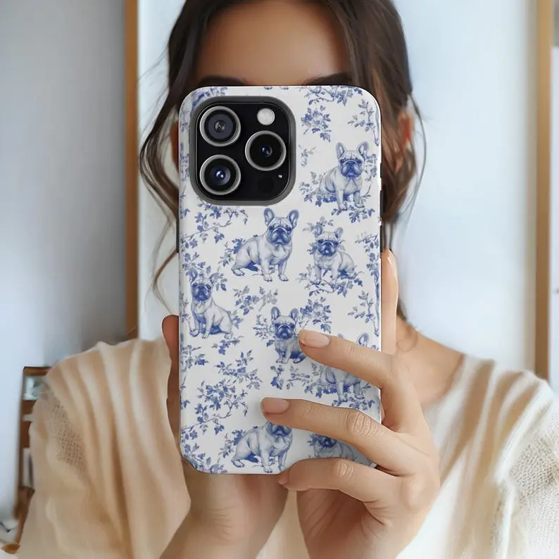 French Bulldog Blue Toile Tough Phone Case iPhone 17, 16, 15 Pro Max Plus Case, Tough Phonecase Frenchie Mom Dog Lover Gift