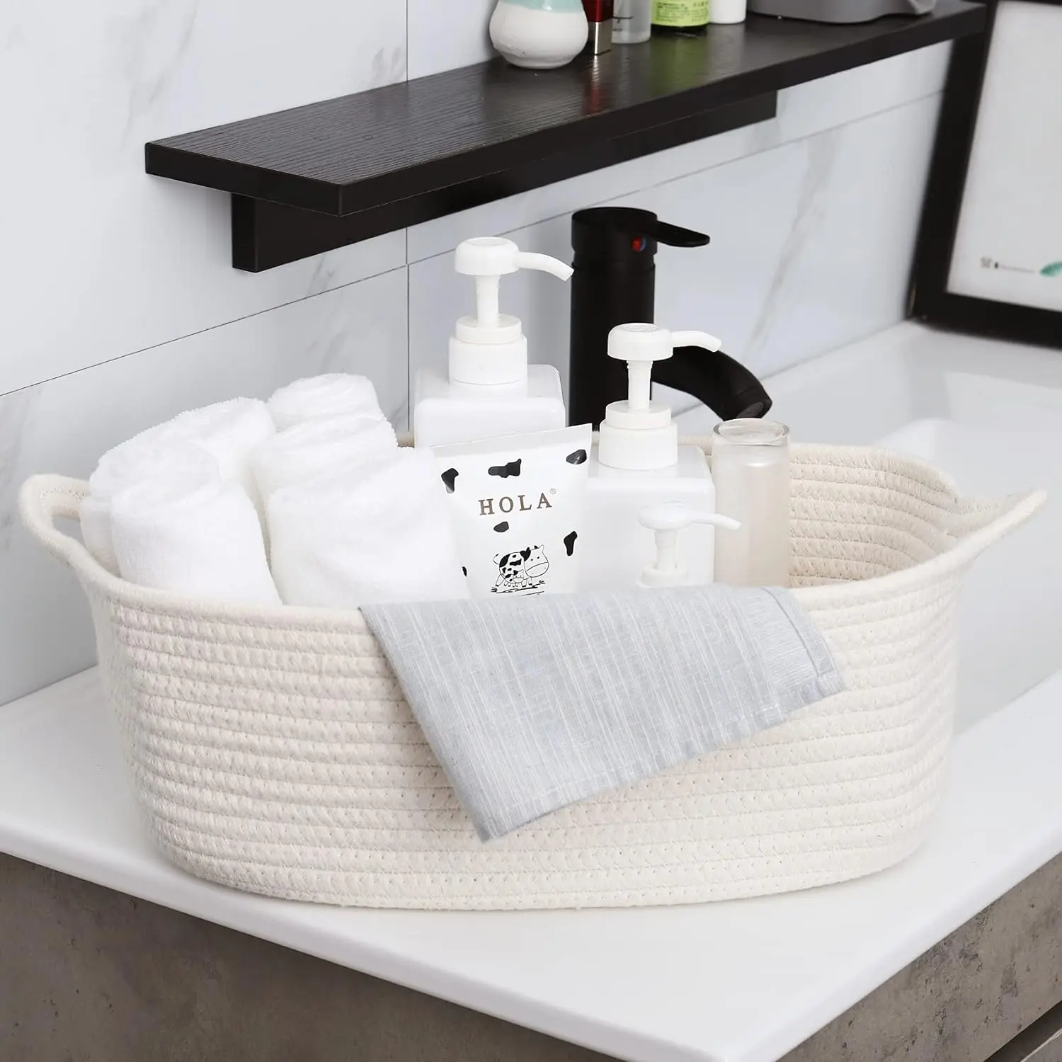 Traditional Woven Cotton Rope Collapsible Storage Basket - Eco-Friendly Household Home Decor Organiser with Handle, Washable for Easy Upkeep, Closet Towel Holder, Ideal Gift for Home Supplies Needs
