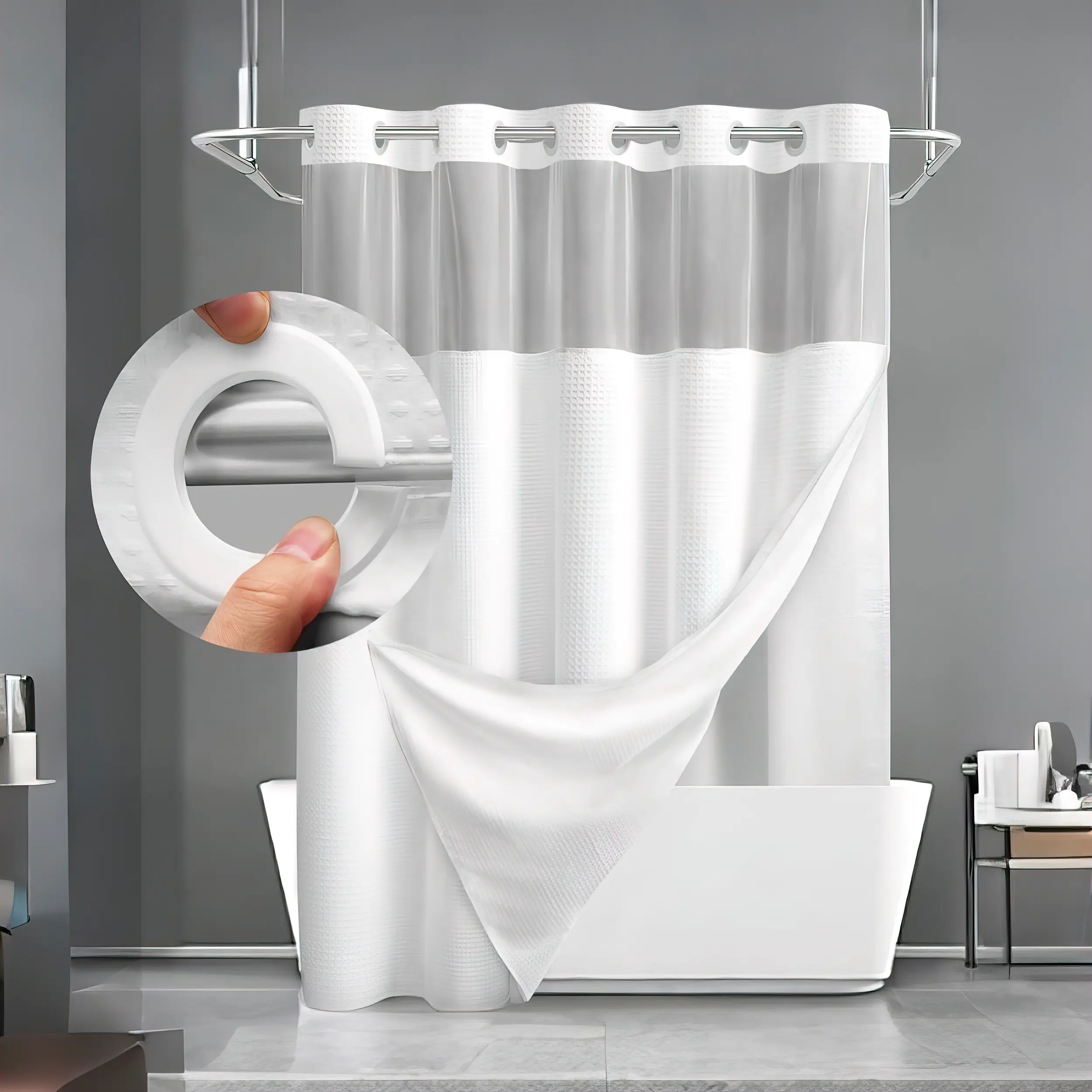 Modern Waterproof No-Hook Waffle Pattern Shower Curtain with Snap-In Liner, Bathroom Curtains Home Accessory