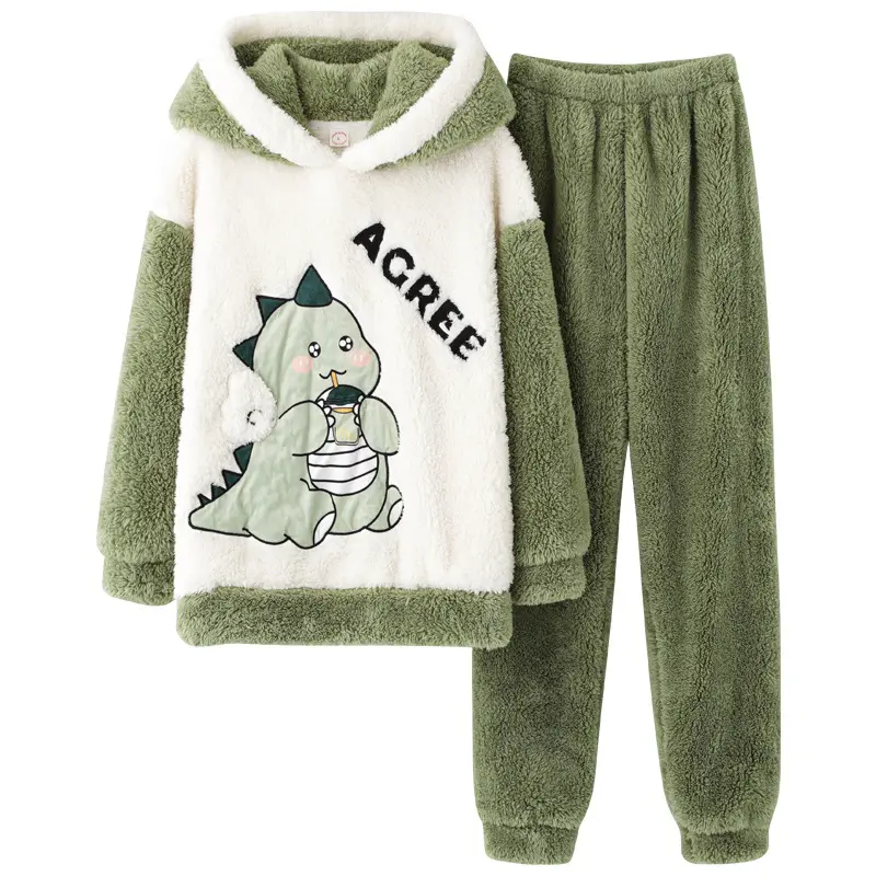 Men's & Women's 2-Piece Couples Pajamas Set, Cute Dinosaur Print Fleece-Lined Longsleeve Top & Trouser, Warm Winter Sleepwear & Loungewear