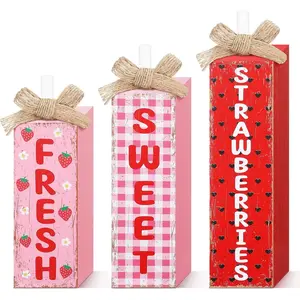 P-SO023   3 Pcs Strawberry Table Decor Strawberry Tiered Tray Decor Berry Block Sign Rustic Farmhouse Wooden Tabletop Centerpieces for Summer Decorations Home Kitchen Shelf Office Desk Party Supply Set Room