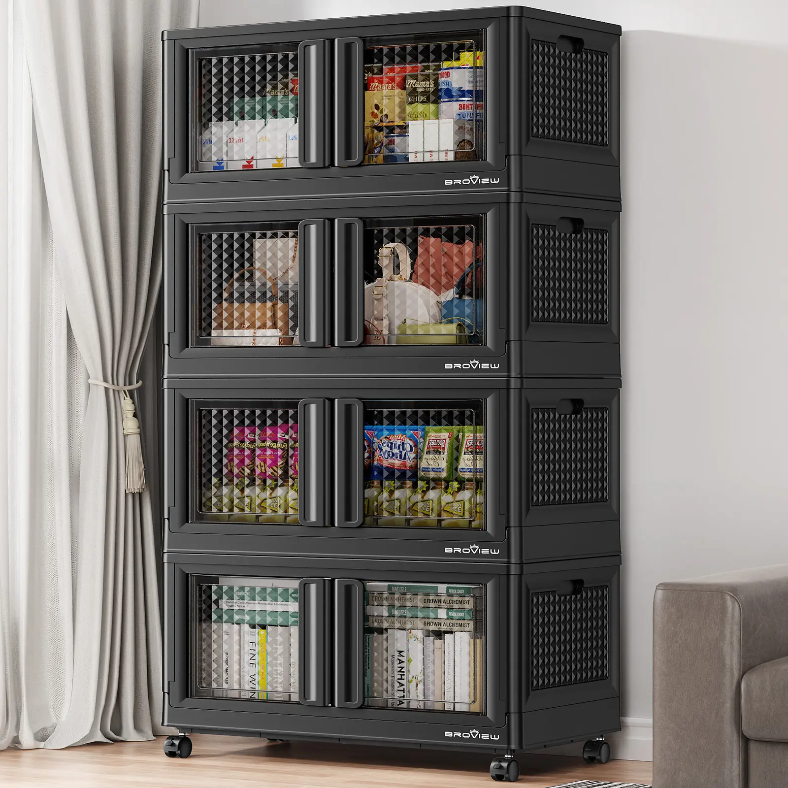 Broview V10 100Qt/300Qt/400Qt Stackable Storage Bins with Lids & Doors, Heavy Duty Plastic Closet Organizer and Storage Drawers with Wheels, Large Collapsible Storage Boxes, Cabinet for Home, Office