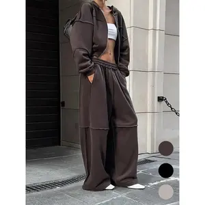 Women's Solid Zip Up Hooded Sweatshirt & Pocket Elastic Waist Pants Two-piece Set, Casual Drop Shoulder Long Sleeve Top & Trousers for Fall & Winter, Women's Clothes for Daily Wear, Brown