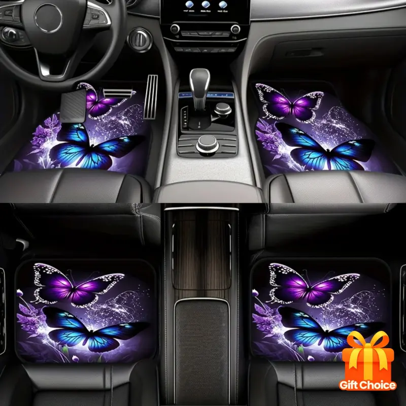 4-piece car floor mat set with butterfly pattern print, universal size car floor mats, Automotive Mats - suitable for sedans, SUVs, car interior accessories, Car Accessory, used for vehicle protection and decorative style, Car Interior Accessories Girls