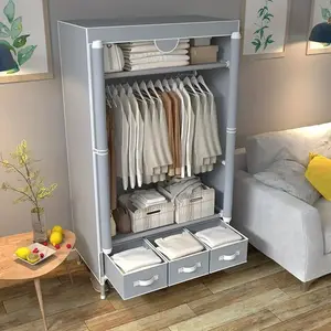 Portable Clothes Closet Rolling Door Wardrobe with Hanging Rack Non-Woven Fabric Storage Organizer with Three Drawer Boxes No-Tool Assembly - 67in*35.4in*17.7in(Gray)