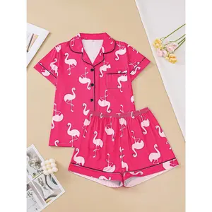 Two-piece set of women's pajamas lapel top and trousers Flamingo summer casual women's pajamas home wear E7OL