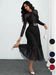 Women's Elegant Vintage Polka Dot Mesh Print Bow Tie Office Dress, Stylish Workwear, No Belt Included, Perfect for Business