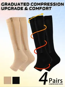 4 Pairs Open Toe Zipper Copper Wellow Compression Socks Women Men 15-20 mmhg Knee High Pregnant Nurses Pregnancy Maternity Medical Cute Sports Gold Fit Cycling Medias de Para Mujer Adult Support Hose Circulation Long Womans