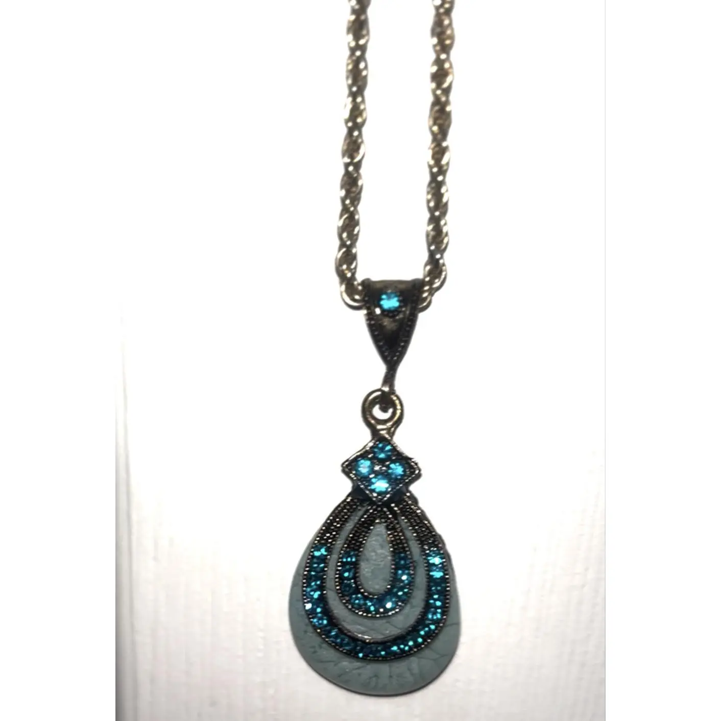 Antique Turquoise Teal Pendant Necklace with Rhinestones Bordering No Hallmarks Found Resale