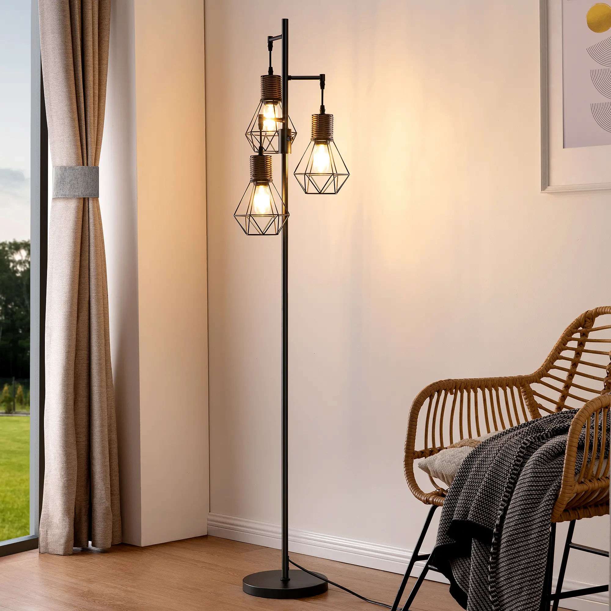 Edishine 65“ Tall Dimmable Farmhouse Rattan Tree Floor Lamp with Diamond-Shaped Cages (Antique Red Copper),summerwins
