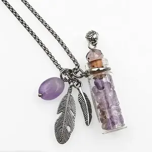 Crystal gravel bottle pendant with a metal feather chain; can be filled with perfume or aromatherapy essential oils for a long-lasting scent; suitable as a gift for women, ideal as a birthday present.