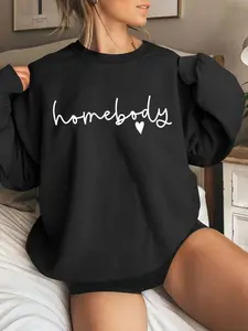Women's Letter & Heart Print Drop Shoulder Sweatshirt, Casual Long Sleeve Round Neck Pullover for Daily Wear, Ladies Clothes for All Seasons, Casual Pullover Tops