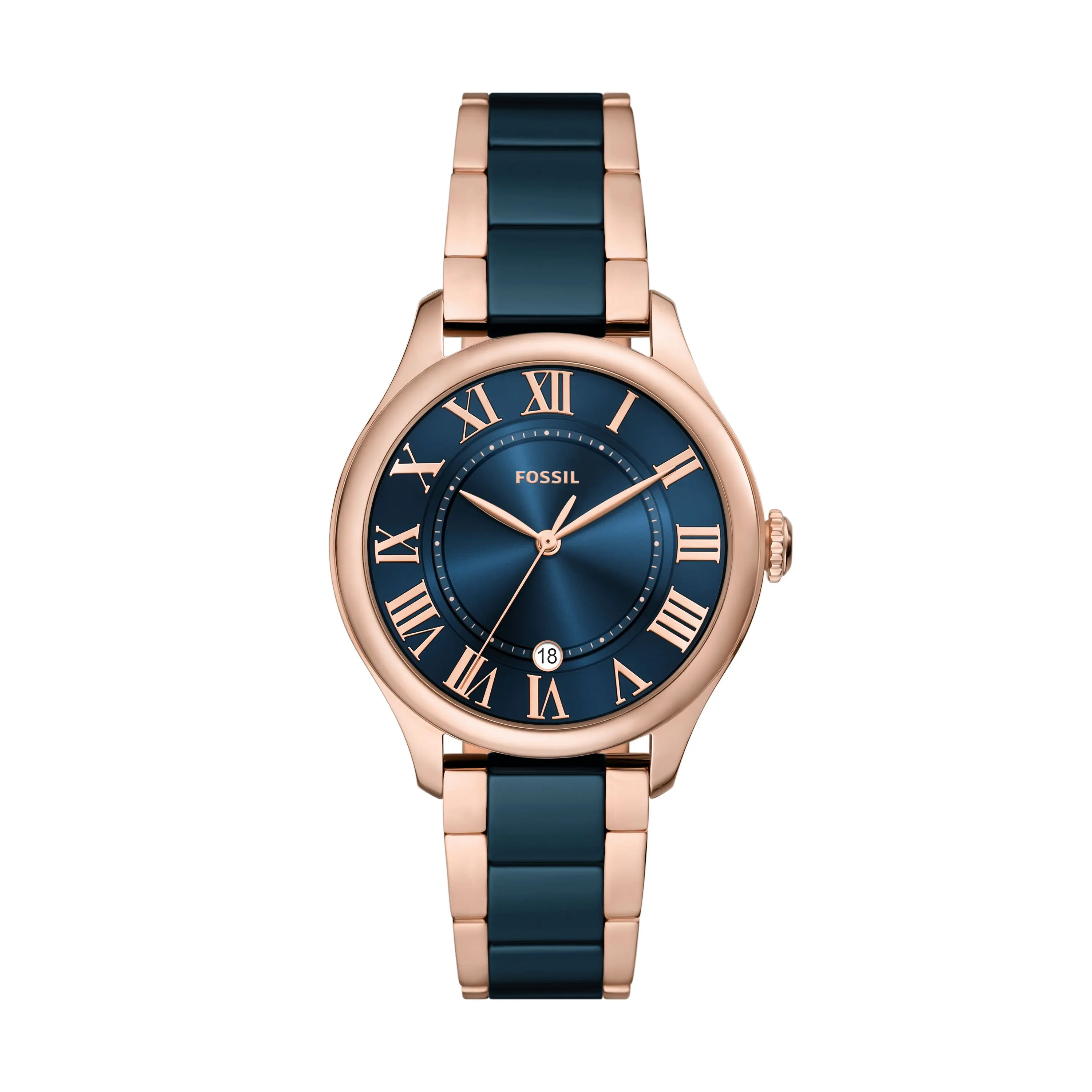 Fossil Women's Gilmore 38mm Three-Hand Date Rose Gold-Tone and Navy Ceramic Watch