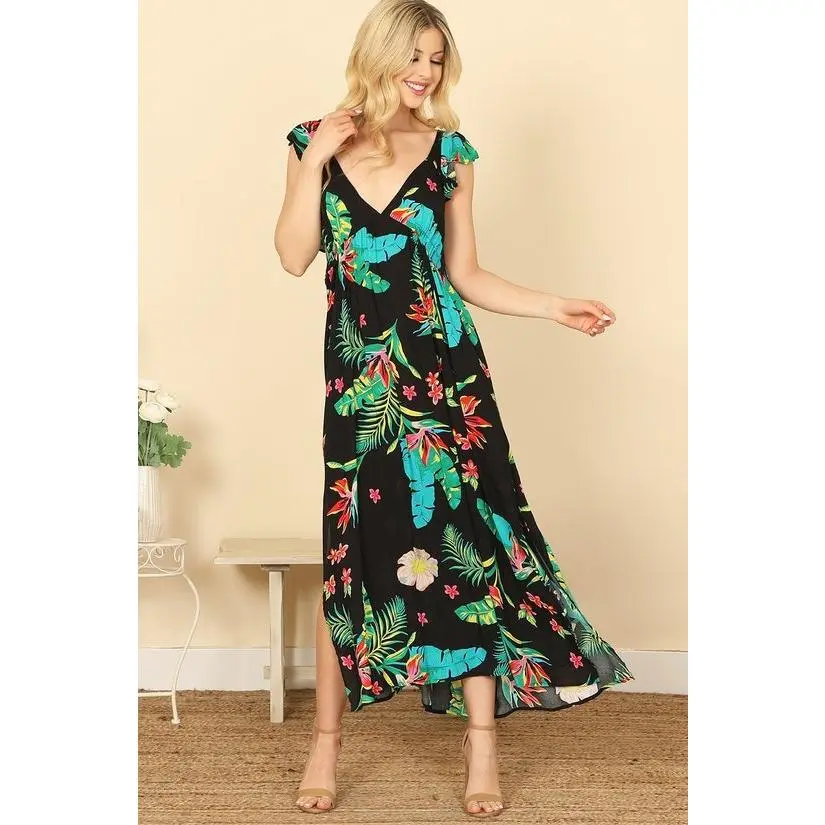 Tropical Print Challis Maxi Dress with Ruffle