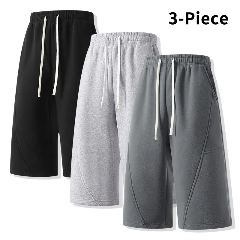 3-Piece Men’s Solid Color Knee-Length Athletic Shorts — Loose Plus Size Jogger Shorts with High Elastic Waist and Drawstring Design; Everyday Fitness Street Basic Shorts Set, Available in Multiple Colors for All Seasons, Home Running and Casual Wear