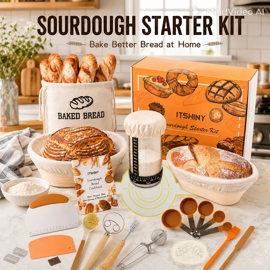 Kitchenware Sourdough Starter Kit - Round & Oval Banneton Bread Proofing Baskets, Starter Jar, Dough Whisk, Scrapers, Pastry Silicone Bowls - Complete Baking Supplies for Beginners