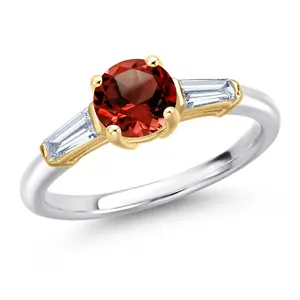 10K Two-Tone Gold Gemstone Birthstone and Lab Grown Diamond Engagement Ring for Women | Round 6.5MM and Tapered Baguette 5X2.25MM | Wedding Anniversary Promise Ring | Sizes 5, 6, 7, 8, 9