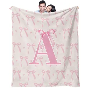 Pink Bow Letter Pattern, Soft, Warm and Lightweight Plush Throw Blanket Couple, Suitable for Bed, Sofa, Car, Room Decoration and Gifts, Suitable for Children and Adults, 1 Single-sided Printed Blanket, Soft Fluffy Blanket, Heartfelt Gift Blanket