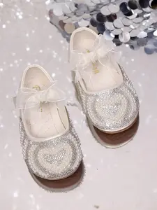 Shiny Pearl Heart Lace Bow Velcro Princess Shoes, Anti-Slip Wear-Resistant Baby Shoes for All Seasons Outdoor Parties
