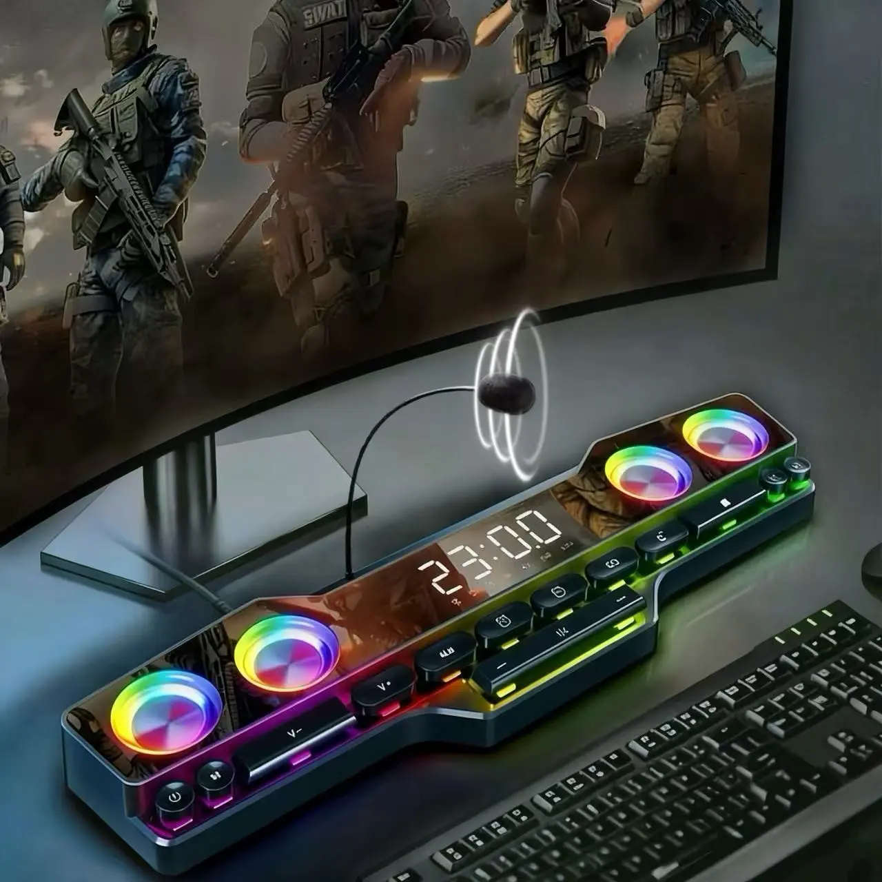 Bluetooth RGB notebook gaming speaker with microphone, stereo speaker, lossless sound quality, color light gaming, 3000mAh battery, listening to footsteps, shooting games, LOL， Desktop speaker, USB powered speaker, suitable for home theater, TV, parties