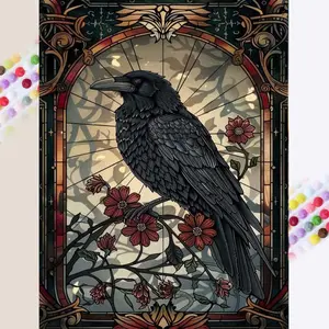 1 DIY diamond painting kit, 5D diamond art set, DIY decorations, crow, flowers, stained glass diamond painting set with full round drills, mosaic, diamond art, DIY art home decor, suitable for Christmas.