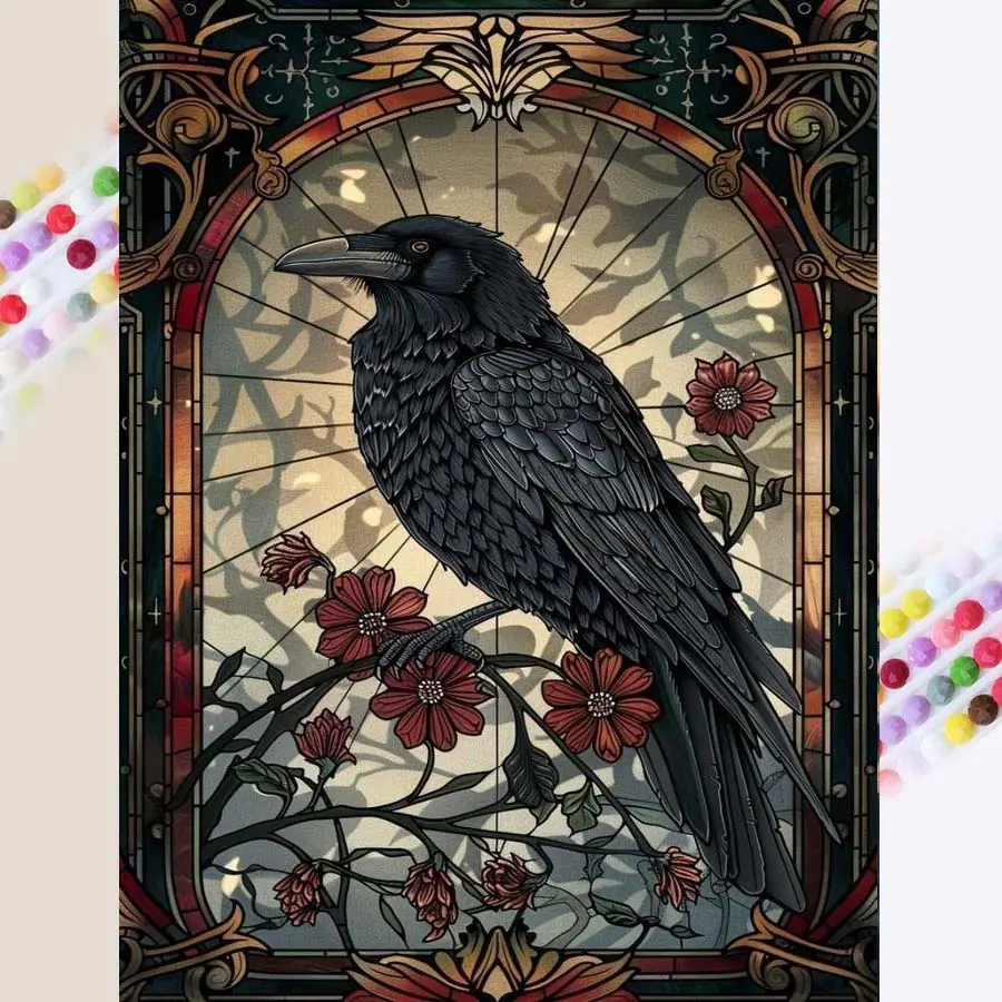 1 DIY diamond painting kit, 5D diamond art set, DIY decorations, crow, flowers, stained glass diamond painting set with full round drills, mosaic, diamond art, DIY art home decor, Handicraft, suitable for Christmas, Diamond Art Tools