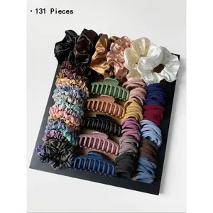131 Piece Set Korean Style Hair Ties for Women, High Elasticity Durable Strong Hold Hair Bands, Plain Geometric Design, All Seasons Use