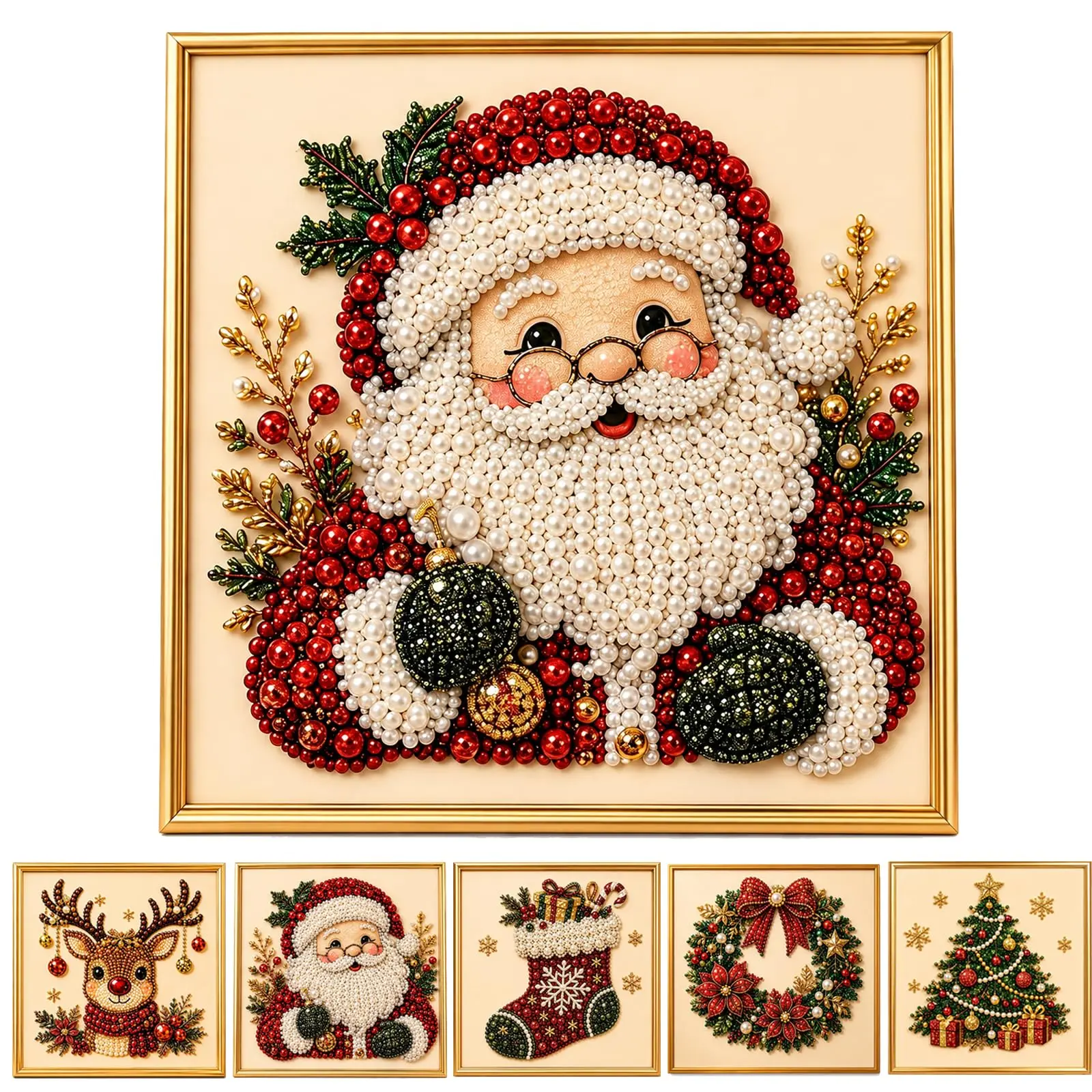 8"x8" Frameless 3D Beaded Christmas Pearl Diamond Painting, Xmas Wreath Stocking Mosaic Art, Stress Relief DIY Home Wall Decoration
