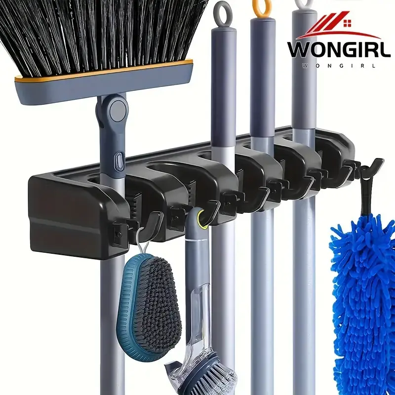 Heavy-Duty Wall-Mount Broom and Mop Holder, Broom Hanger Wall Mount, 5-Slot 6-Hook Space-Saving Utility Rack for Garden, Laundry Room and Garage Tools, Easy-Install Plastic Organizer