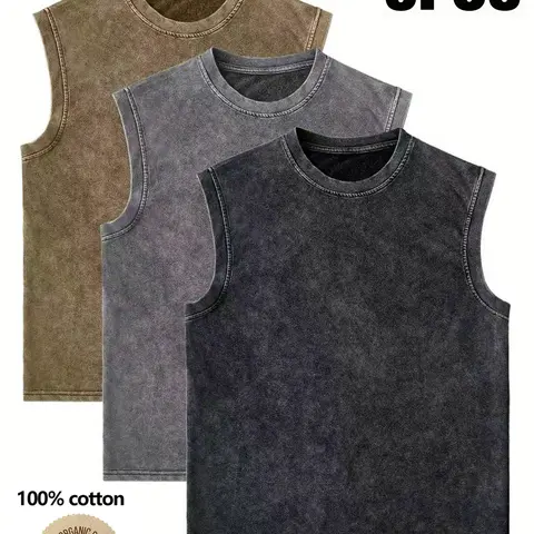 Men’s 3-Pack Basic Cotton Athletic Loose-Fitting Tank Tops, Repro-Chem Free Sleeveless, Vintage Washed Black, Simple Look, Machine Washable, Suitable for Everyday Wear, Street Style