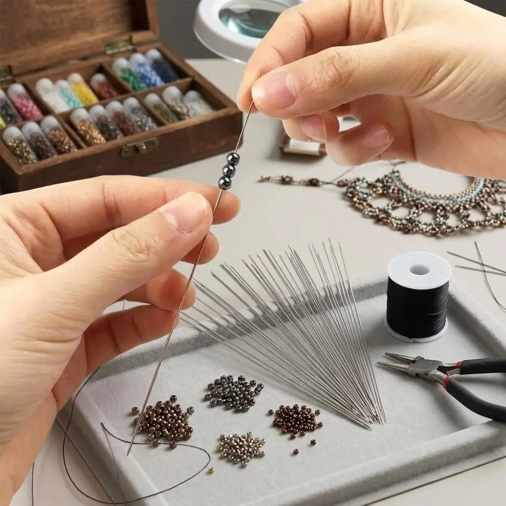 Professional Jewelry Beading Needles Set for DIY Crafting, Large Eye Stainless Steel Hand Sewing Needles, Rust-Proof and Durable, Suitable for Thick and Thin Threads, Essential Bead Stringing Tools, Sewing Supplies Crafts