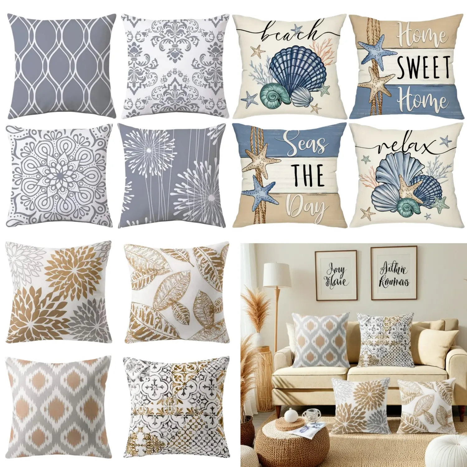 8-Pack 2-Style Linen Fabric Woven Roving Throw Pillow Covers, 18x18 in Floral Print Modern Elegant Grey Blue Brown Cushion Covers for Home Decor, Sofa (Without Pillow Inserts)