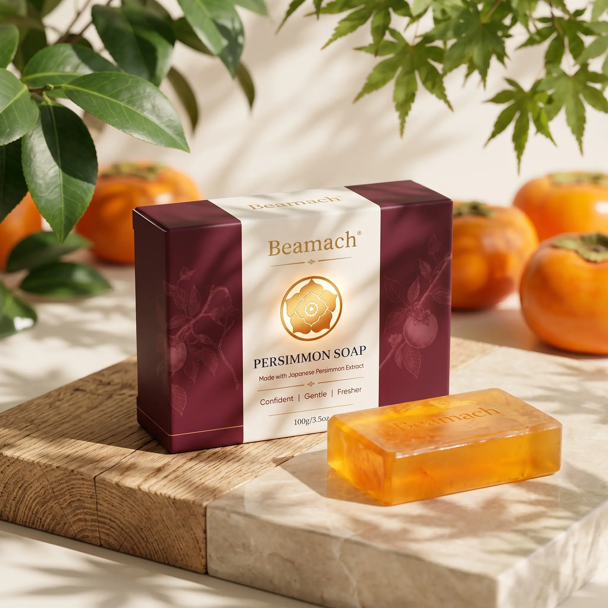 Beamach Persimmon Soap for Old People Smell - Japanese Persimmon, Green Tea & Shea Butter Deodorant Soap Bar for Nonenal & Body Odor, Gentle Body Wash for Mature Skin, Includes Foaming Net