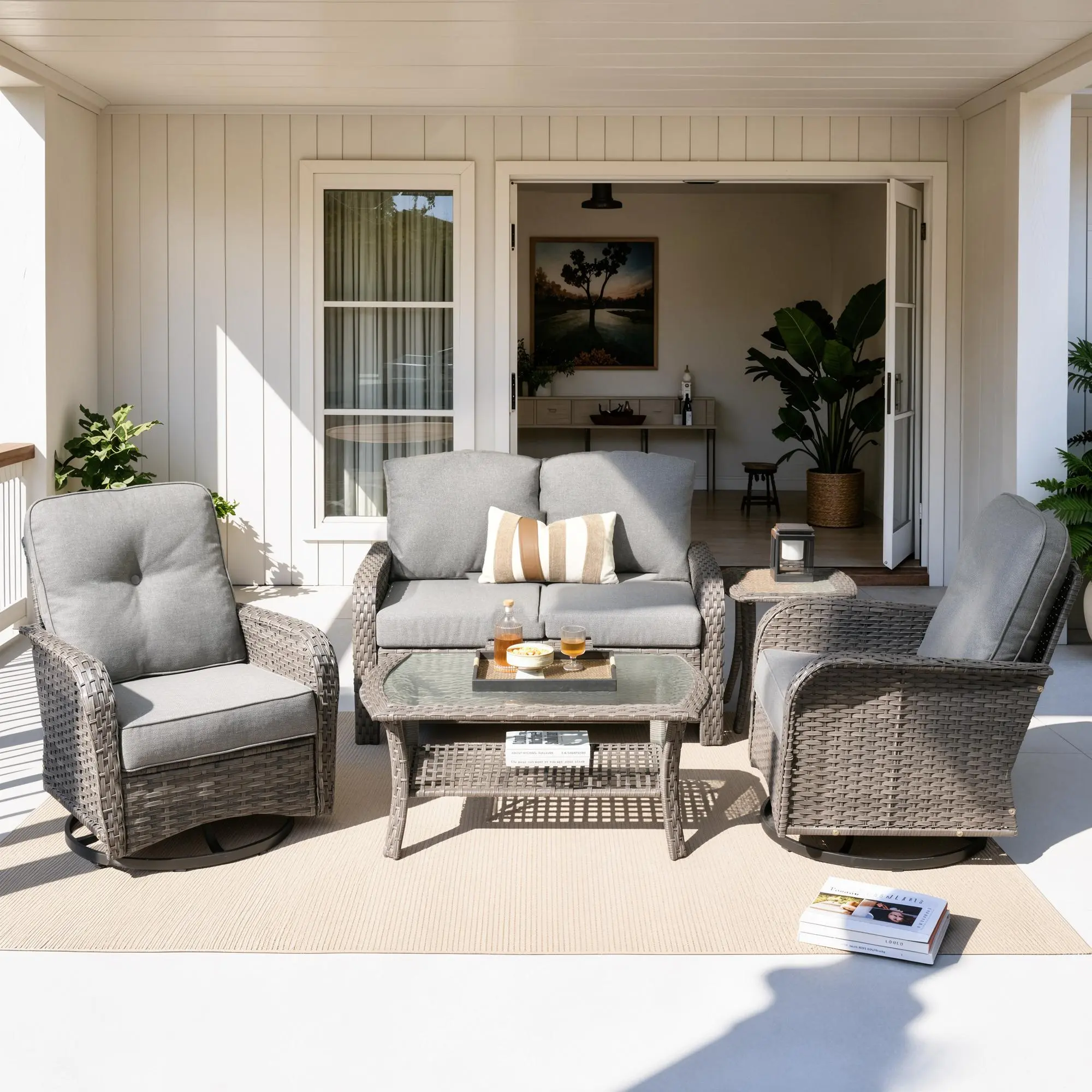 【Summerfinds】OVIOS 5-Piece Outdoor Patio Furniture Set with Swivel Rocking Chairs, All-Weather Wicker Conversation Set with High-Back Cushions & Coffee Table for Backyard, Patio, Porch, Deck & Garden