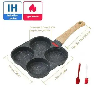 Non-stick Egg Frying Pan, 4 Holes Skillet With Handle, Multifunctional, Wooden Handle Medical Stone Omelet Non-stick Cookware frying pan
