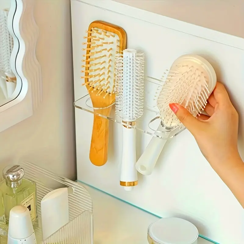 1pc 2/3-Hole Acrylic Bathroom Storage Rack |   Wall-Mounted Hairbrush Organizer, No-Drill Vanity Organizer for Comb and Toiletry Storage