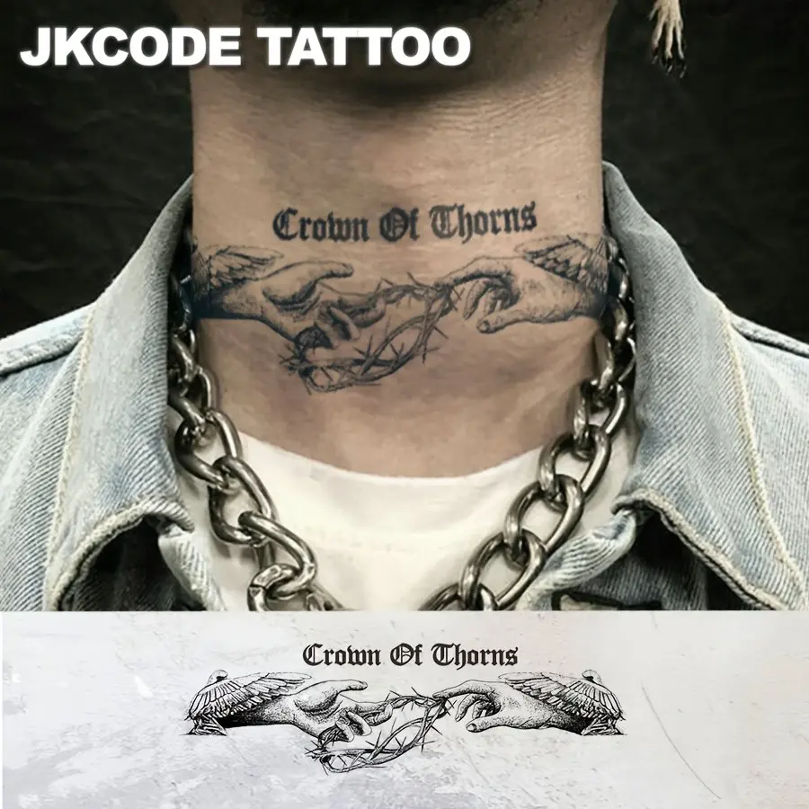 Waterproof Semi-Permanent Tattoos, Sketch Hand Designs, Thorn Crown Pattern Temporary Tattoos, Vintage Style Herbal Men Neck Stickers, Temporary Fake Tattoos