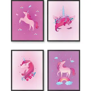 Kids Pink Purple Unicorn Set of 4 - Artistic Wall Decor Print for Room Aesthetic and Vibe