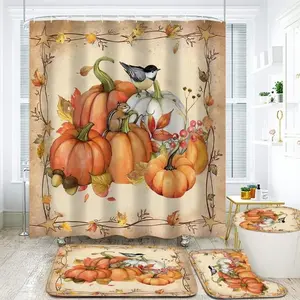 4Pcs Pumpkin Shower Curtain Set Fall Bathroom Set Thanksgiving Bathroom Decor Set Autumn Shower Curtain Set with Rugs with 12 Hooks