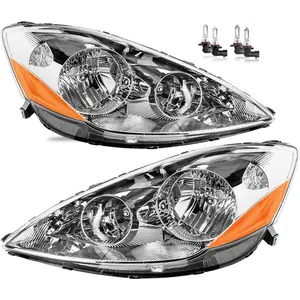 Headlights Assembly Pair Compatible with 2006 2007 2008 2009 2010 Toyota Sienna CE LE XLE, Chrome Housing Amber Reflector, with Halogen Bulbs Included, OE Replacement Headlamps, TO2502172, TO2503172